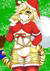  anthro bag bell blonde_hair blue_eyes blush breasts christmas clothing crop_top cyberconnect2 drecom felid female full_bokko_heroes green_background hair hat headgear headwear hi_res holidays legwear long_sleeves looking_at_viewer mammal megane_inu navel one_eye_closed pantherine panties red_clothing red_hat red_headwear red_shirt red_topwear ribbons shirt simple_background solo standing thigh_highs tiger topwear under_boob underwear zhang_fei_(full_bokko_heroes) 