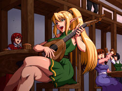  4girls aoi_yuu_(komeda_yuu) blonde_hair commentary_request crossed_legs elf green_eyes highres instrument lute_(instrument) multiple_girls original photoshop_(medium) pointy_ears ponytail solo_focus 