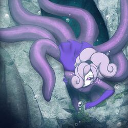  1:1 ambiguous_gender anthro armwear clothed clothing detailed_background dress elbow_gloves female gloves hair handwear looking_at_viewer marine merfolk octomaid pink_eyes ponytail purple_body purple_hair rileyomalley rock solo split_form tentacle underwater water 