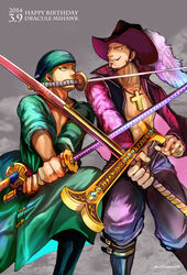  2boys bandana birthday black_hair boots dracule_mihawk fight fighting green_hair hat hat_feather jewelry jippei kuraigana_island lining mouth_hold multiple_boys necklace one-eyed one_piece open_clothes open_shirt robe roronoa_zoro shirt sword swordsman triple_wielding weapon yellow_eyes 