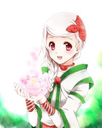  :d albino bad_id bad_pixiv_id braid eiyuu_ni_naritai! female hair_ornament hair_over_shoulder lily_pad long_hair mariabelle open_mouth red_eyes smile solo white_hair yoshino_saku 