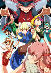  6+girls aqua_eyes araki_rena bandages blonde_hair bracelet brown_eyes brown_hair cammy_white cammy_white_(cosplay) chinese_clothes chun-li chun-li_(cosplay) commentary_request cosplay covered_navel dog_tags double_bun drooling earrings echizen_murasaki fingerless_gloves gloves green_hair green_leotard guile guile_(cosplay) hair_bun hat headband heart heart-shaped_pupils highres jewelry leotard looking_at_viewer m._bison m._bison_(cosplay) multiple_girls nishizono_honoka open_mouth orange_hair pantyhose pink_hair purple_eyes purple_hair rahaaru_c rainbow_mika rainbow_mika_(cosplay) red_eyes ryu_(street_fighter) ryu_(street_fighter)_(cosplay) sagat sagat_(cosplay) sakaiya_yumeno saliva sarashi seto_ferb spiked_bracelet spikes street_fighter symbol-shaped_pupils tokyo_7th_sisters twintails uesugi_u._kyouko wavy_mouth wrestling_mask wrestling_outfit yamai_sawori yukuhashi_ei yun_lee yun_lee_(cosplay) 