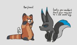  2016 ailurid ambiguous_gender black_body black_fur blue_body blue_eyes blue_fur canid canine claws dialogue digital_media_(artwork) duo english_text fennec_fox feral feretta feretta_(character) fox fur grey_body grey_fur mammal multicolored_body multicolored_fur orange_body orange_fur red_panda ruzha simple_background text true_fox white_background white_body white_fur 