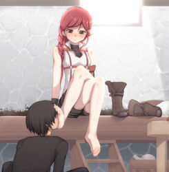  1boy artistic_error bad_anatomy barefoot black_hair black_shirt blush boots braid breasts brown_eyes brown_footwear brown_shorts commentary_request crossed_legs feet female foot_on_another&#039;s_face foot_worship hai_to_gensou_no_grimgar hair_between_eyes hair_over_shoulder indoors jinsai_sa_sa long_hair long_legs nose_blush photoshop_(medium) red_hair shirt short_hair shorts sitting sleeveless sleeveless_shirt small_breasts smell smelling_feet solo_focus stone_wall straight sunlight toes turtleneck unworn_boots wall white_shirt window wrong_foot yume_(grimgar) 