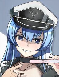  akame_ga_kill! blue_eyes blue_hair esdeath esdese female long_hair pregnancy_test smile solo square_enix tattoo 