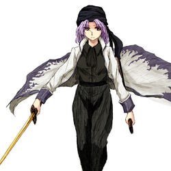  adapted_costume alternate_costume bad_id bad_pixiv_id black_pants female kumoi_ichirin light_purple_hair long_sleeves pants parted_bangs rhapsode serious solo sword touhou turban unsheathed walking weapon white_background 