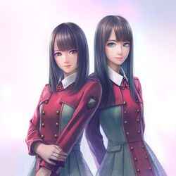  2girls aqua_eyes arms_behind_back black_hair blunt_bangs bow bowtie buttons closed_mouth commentary_request cropped_jacket double-breasted dress eyelashes futari_saison_(keyakizaka46) group_name habu_mizuho hand_on_own_arm highres holding_own_arm keyakizaka46 lips long_hair long_sleeves looking_at_viewer multiple_girls photoshop_(medium) real_life red_bow red_bowtie red_eyes smile sugai_yuuka uniform zhenlin 