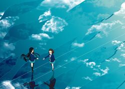  2girls akiyama_mio bad_id bad_pixiv_id black_hair brown_hair cloud highres k-on! long_hair multiple_girls reflection sarasa_misa short_hair tainaka_ritsu uniform 