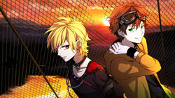  96neko akatsuki_arrival_(vocaloid) armband bad_id bad_pixiv_id blonde_hair brown_hair chains collar earrings female fence green_eyes highres indie_utaite jewelry kogeinu photoshop_(medium) red_eyes satou_iruno short_hair sunset utaite vocaloid 