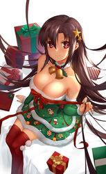  absurdres arm_support bare_shoulders bell blush bow breasts brown_hair candy candy_cane chilunchilun choker christmas christmas_ornaments cleavage collarbone commentary_request crossed_ankles detached_sleeves dress female floating_hair food from_above fur-trimmed_dress fur-trimmed_sleeves fur_trim gift girls&#039;_frontline green_nails hair_ornament highres holding holding_ribbon large_breasts layered_dress long_hair long_sleeves looking_at_viewer multicolored_clothes multicolored_dress nail_polish neck_bell photoshop_(medium) pinching purple_eyes red_nails red_thighhighs ribbon ribbon_choker short_dress sitting smile solo star_(symbol) star_hair_ornament strapless strapless_dress thighhighs thighs type_64_(girls&#039;_frontline) very_long_hair zettai_ryouiki 