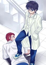  2boys bad_id bad_link bad_twitter_id black_hair clenched_teeth closed_eyes glasses hands_in_pockets inui_arihiko lab_coat multiple_boys open_mouth red_hair school_uniform short_hair source_request stairs stepped_on tan tears teeth tohno_shiki tsukihime urako 