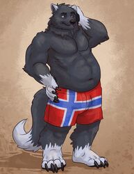  anthro bear belly bottomwear canid canine canis claws clothing digital_media_(artwork) flag flag_clothing flag_print flag_underwear hi_res hybrid male mammal muscular muscular_anthro norway norwegian_flag overweight overweight_anthro patriotic_clothing patriotism paws politics print_clothing print_underwear shorts slightly_chubby solo thestory underwear wolf 