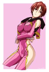  arm_cutout bodysuit breasts clothing_cutout commentary_request cropped_legs crossed_arms female hip_vent ikoma_yumi large_breasts looking_away machi_fuka pilot_suit pink_background pink_bodysuit red_eyes red_hair shiny_clothes short_hair side_cutout signature skin_tight solo soukyuu_no_fafner synergetic_suit 