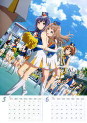  3boys 6+girls :d absurdres band_uniform black_hair blue_eyes blue_hair blue_sky boots brown_hair calendar_(medium) cheerleader cloud day dress dutch_angle floating_hair gloves gotou_takuya green_eyes grin hair_between_eyes hand_on_lap hat hibike!_euphonium high_ponytail high_side_ponytail highres hitomi_lala holding holding_instrument instrument iwata_keina kabe_tomoe kawashima_sapphire kayama_saki kitamura_raina knee_boots leaning_forward morita_shinobu_(hibike!_euphonium) multiple_boys multiple_girls nagase_riko nakagawa_natsuki official_art oka_mikino oono_miyoko open_mouth oumae_kumiko outdoors pants pleated_dress pom_pom_(cheerleading) ponytail purple_eyes shako_cap short_dress side_ponytail sky sleeveless sleeveless_dress smile standing takino_jun&#039;ichi tanabe_narai thick_eyebrows white_dress white_footwear white_gloves white_pants yoroizuka_mizore yoshikawa_yuuko 