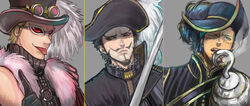  3boys alternate_costume amputee bandana black_hair blonde_hair brown_hair cigar donquixote_doflamingo dracule_mihawk facial_hair gloves goggles goggles_on_hat hat hat_feather hook jippei moustache multiple_boys one_piece pirate scar shichibukai sir_crocodile smoking sunglasses sword swordsman tongue top_hat weapon wink yellow_eyes 