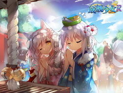  5girls ;3 akizuki_(warship_girls_r) alternate_hairstyle animal_ears animal_hair_ornament architecture blue_dress blue_hair blue_kimono blue_sky box braid brown_dress brown_hair bucket bucket_on_head closed_eyes closed_mouth cloud cloudy_sky commentary_request copyright_name day donation_box dress east_asian_architecture floral_print flower hair_flower hair_ornament hairband hatsumoude highres hiyou_(warship_girls_r) japanese_clothes kimono long_hair long_sleeves looking_at_another multiple_girls new_year obi object_on_head oerba_yun_fang official_art one_eye_closed outdoors own_hands_together pink_dress pink_kimono ponytail praying repair_bucket saru sash shimakaze_(warship_girls_r) short_hair shrine shrine_bell sky smile translated tree warship_girls_r white_hair wide_sleeves wrench yellow_eyes yukikaze_(warship_girls_r) 