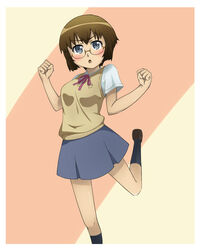  brown_hair commentary_request female glasses grey_eyes hiroshi_(manjia_li) ore_no_imouto_ga_konna_ni_kawaii_wake_ga_nai school_uniform short_hair solo tamura_manami 