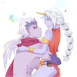  1boy armlet bare_shoulders bracelet breasts cape colored_skin commentary_request couple earrings facial_mark female forehead_protector heart horns hug ichancat jewelry league_of_legends long_hair medium_breasts multi-tied_hair no_pupils pale_skin photoshop_(medium) ponytail pouch purple_skin sideboob single_horn smile soraka_(league_of_legends) squiggle straight topless_male varus white_hair yellow_eyes 