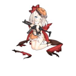  blue_eyes blush colored_shoe_soles covering_chest covering_privates damaged defeat female full_body girls&#039;_frontline gun h&amp;k_mp5 halloween halloween_costume heckler_&amp;_koch high_heels holding holding_gun holding_weapon long_hair looking_at_viewer mp5_(girls&#039;_frontline) mp5_(nocturnal_familiar)_(girls&#039;_frontline) official_alternate_costume official_art pumpkin_hat saru shirt skirt solo submachine_gun tears torn_clothes torn_shirt torn_skirt transparent_background weapon white_hair 