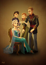  1boy 3girls absurdres agdar_(frozen) anna_(frozen) blonde_hair blue_eyes blush braid brown_eyes brown_hair cape closed_eyes commentary_request dress elsa_(frozen) epaulettes family family_portrait father_and_daughter freckles frozen_(disney) hair_over_shoulder highres idunn_(frozen) long_hair medal miacat mother_and_daughter multiple_girls photoshop_(medium) see-through short_hair siblings side_slit sideburns single_braid sisters smile strapless strapless_dress tiara time_paradox twin_braids 