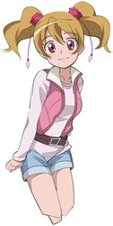  bad_id bad_pixiv_id belt blue_shorts brown_hair commentary_request cropped_legs female fresh_precure! haiteku looking_at_viewer momozono_love partial_commentary pink_eyes pink_vest precure short_hair shorts simple_background smile solo twintails vest white_background 