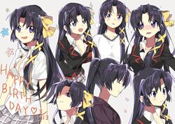  bad_id bad_pixiv_id black_hair blush breasts cleavage closed_mouth collarbone collared_shirt crossed_arms empty_eyes expressions female gym_uniform hair_intakes happy_birthday highres kurugaya_yuiko large_breasts little_busters! long_hair looking_ahead looking_at_viewer looking_up multiple_views one_eye_closed open_mouth partially_unbuttoned plaid plaid_skirt pleated_skirt ponytail profile purple_eyes school_uniform sennen_suisei shirt simple_background skirt smile thighhighs v-neck wing_collar 