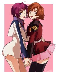  2girls :d ;d ahoge alternate_costume belt black_legwear black_thighhighs brown_eyes commentary_request cosplay costume_switch cropped_jacket crossover gundam gundam_seed gundam_seed_destiny hand_on_another&#039;s_hip holding_hands jacket lunamaria_hawke lunamaria_hawke_(cosplay) machi_fuka military military_uniform multiple_girls one_eye_closed open_mouth orange_hair pink_background pink_skirt purple_eyes purple_hair short_hair signature skirt smile soukyuu_no_fafner thighhighs toomi_maya toomi_maya_(cosplay) uniform zaft_uniform zettai_ryouiki 