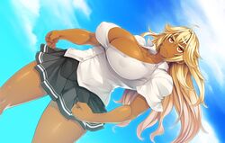  blonde_hair breasts character_request dark_skin denkishowgun erectlip female female gakuen_no_ikenie_nagusami_mono_to_kashita_kyonyuu_furyou_shoujo_~hakudaku_ni_okasareru_kasshoku_&amp;_daniku_no_kyouen~ game_cg huge_breasts nipples no_bra school_uniform shiny_skin skirt sky 