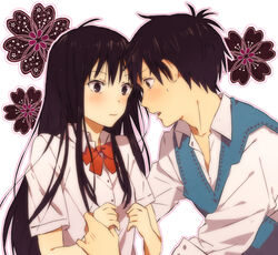  1boy ahoge black_eyes black_flower black_hair blue_sweater_vest blush bow bowtie brown_eyes buttons cherry_blossoms closed_mouth commentary_request eye_contact female floral_background flower holding_another&#039;s_wrist kazehaya_shouta kimi_ni_todoke kuronuma_sawako long_hair looking_at_another open_collar open_mouth outline pink_outline red_bow red_bowtie school_uniform short_hair short_sleeves straight_hair summer_uniform sweater_vest teeth tenkasu_(mochi) upper_body upper_teeth_only v-neck white_background 