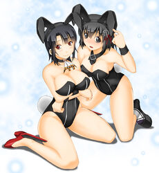  2girls animal_ears bare_legs beret black_gloves black_hair black_leotard blush bow bowtie breasts brown_eyes cleavage commentary_request detached_collar fake_animal_ears gloves haguro_(kancolle) hair_ornament hat high_heels kantai_collection keito_(keito-ya) large_breasts leotard multiple_girls open_mouth playboy_bunny rabbit_ears rabbit_tail red_eyes shoes short_hair strapless tail takao_(kancolle) wrist_cuffs 