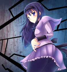  akemi_homura akemi_homura_(magical_girl) ass black_hair commentary female hairband long_hair looking_at_viewer looking_back magical_girl mahou_shoujo_madoka_magica mahou_shoujo_madoka_magica_(anime) panties panties_under_pantyhose pantyhose pantyshot photoshop_(medium) pleated_skirt purple_eyes purple_skirt ryusei2u skirt solo underwear 