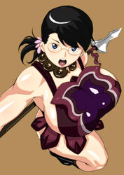  apron armor armpits black_hair blue_eyes boots breasts cattleya curvy donson female flower glasses hair_ornament housewife huge_breasts milf open_mouth polearm ponytail queen&#039;s_blade short_hair sideboob simple_background solo spear sword thighs weapon 