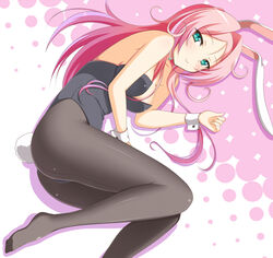  animal_ears aqua_eyes ass blush breasts choker commentary_request curly_hair dra+koi feet female green_eyes heroine_(dra+koi) long_hair looking_at_viewer lying medium_breasts on_side pantyhose pink_hair playboy_bunny rabbit_ears rabbit_tail slit_pupils smile smirk solo tail violetshit wrist_cuffs 