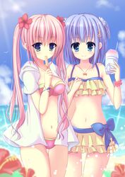  2girls bikini blue_eyes blue_hair blurry breasts cleavage collarbone commentary_request depth_of_field eating flower food frilled_bikini frills hair_flower hair_ornament hibiscus highres horizon jacket jewelry kuze_matsuri long_hair looking_at_viewer medium_breasts multiple_girls navel ocean original outdoors pendant pink_hair popsicle red_flower small_breasts smile summer swimsuit twintails 