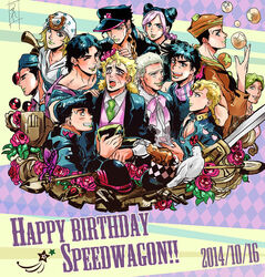  2girls 6+boys arrow_(jojo) arrow_(projectile) badge battle_tendency bird bowler_hat bug butterfly chains commentary_request diamond_wa_kudakenai dual_persona family flower gakuran george_joestar_ii giorno_giovanna happy_birthday hat higashikata_josuke higashikata_josuke_(jojolion) johnny_joestar jojo_no_kimyou_na_bouken jojolion jonathan_joestar joseph_joestar joseph_joestar_(young) kotobukimaru kujo_holy kujo_jolyne kujo_jotaro luck_and_pluck multiple_boys multiple_girls phantom_blood pigeon robert_e._o._speedwagon school_uniform stardust_crusaders steel_ball_run stone_ocean sword top_hat vento_aureo weapon 