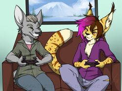  4:3 anthro apes arlen_tawny avoid_posting canid canine clothed clothing duo felid feline femboy fur hair lynx male mammal sitting smile venison_belevik 