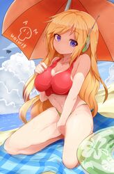  balrog_(doukutsu_monogatari) bare_shoulders beach bikini blonde_hair blue_eyes blush breasts cleavage cloud commentary_request crop_top curly_brace day doukutsu_monogatari female green_bikini green_innertube headphones heart heart-shaped_pupils highres humanization innertube large_breasts long_hair looking_at_viewer ma_pignon navel outdoors rai_(sakuranbo_sugar) red_bikini red_tank_top seiza sitting smile solo_focus swim_ring swimsuit symbol-shaped_pupils tank_top towel umbrella water 