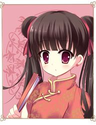  black_hair blush cardcaptor_sakura chinese_clothes commentary_request double_bun female folded_fan folding_fan hair_bun hair_ribbon hand_fan highres holding holding_fan kuze_matsuri li_meiling long_hair looking_at_viewer parted_lips red_eyes ribbon solo twintails 