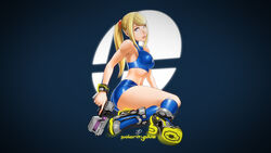  alternate_costume ass blue_eyes daniel_macgregor gun halter_top halterneck legs long_legs metroid nintendo samus_aran shorts solo sports_bra super_smash_bros. thighs wallpaper weapon 