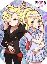  1boy 2girls alternate_costume bad_id bad_pixiv_id black_jacket blonde_hair brother_and_sister gladion_(pokemon) hand_over_face jacket lillie_(pokemon) long_hair lusamine_(pokemon) multiple_girls pokemon pokemon_sm ponytail pose shirt short_hair siblings skirt spoilers torn_clothes totogami_toto white_shirt white_skirt 