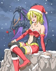  black_legwear blonde_hair breasts christmas cold commentary_request dragon duel_monster female hat highres lady_of_d midriff ozaneko red-eyes_wyvern red_eyes santa_hat sitting small_breasts snow thighhighs yu-gi-oh! 