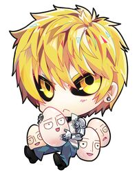  2boys bald black_sclera blonde_hair chibi colored_sclera commentary cyborg english_commentary genos male_focus multiple_boys one-punch_man saitama_(one-punch_man) sebychu yellow_eyes 