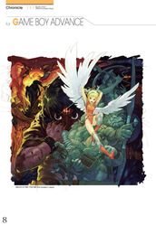  2girls angel_wings arrow_(projectile) blonde_hair bow_(weapon) breasts breath_of_fire breath_of_fire_i builder_(breath_of_fire) character_request cleavage copyright_name danc deis english_text facial_mark feathered_wings forehead_mark gilliam_(breath_of_fire_i) glowing hairband highres holding holding_bow_(weapon) holding_staff holding_weapon manillo mogu_(breath_of_fire) multiple_girls nina_(breath_of_fire_i) official_art photoshop_(medium) ryuu_(breath_of_fire_i) scan staff weapon white_wings wings yoshikawa_tatsuya 