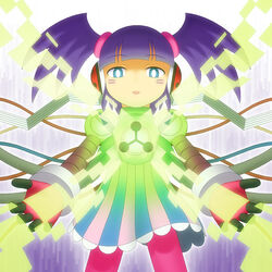  android blue_eyes call_(mighty_no._9) call_d dress eyebrows female fingerless_gloves gloves hairband headphones long_hair mighty_no._9 no_humans open_mouth purple_hair robot robot_joints solo tied_hair twintails 