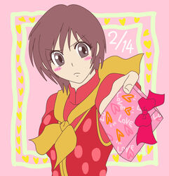  blush_stickers box brown_eyes brown_hair chinese_clothes commentary_request eileen_(virtua_fighter) female haigo7 happy_valentine partial_commentary short_hair solo valentine virtua_fighter virtua_fighter_5 