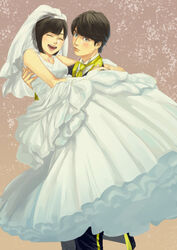  1boy animification bad_id bad_pixiv_id black_hair bridal_veil carrying couple dress female fingerless_gloves formal gloves igasaki_fuuka jewelry kinji_takigawa necklace onigiri_bonta-kun petticoat princess_carry short_hair shuriken_sentai_ninninger smile straight suit super_sentai veil wedding wedding_dress white_dress 