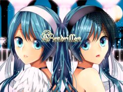  2girls aqua_eyes aqua_hair back-to-back bad_id bad_pixiv_id bare_shoulders cendrillon_(vocaloid) clone hairband hatsune_miku lipstick long_hair makeup meiko_(puua) multiple_girls twintails upper_body vocaloid 