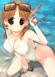  absurdres asou_natsume beretta_92 blush breasts brown_hair casual_one-piece_swimsuit cleavage commentary_request dual_wielding earrings eyewear_on_head female gun handgun highres holding idolmaster idolmaster_cinderella_girls jewelry katagiri_sanae large_breasts long_hair looking_at_viewer o-ring o-ring_swimsuit one-piece_swimsuit partially_submerged photoshop_(medium) smile solo sunglasses swimsuit trigger_discipline twintails water weapon 