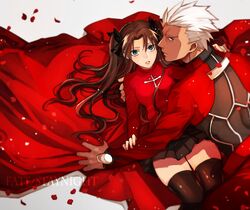  1boy archer_(fate) blue_eyes bluuue brown_hair commentary_request fate/stay_night fate_(series) female grey_eyes long_hair looking_at_viewer miniskirt skirt thighhighs tohsaka_rin turtleneck two_side_up white_hair 