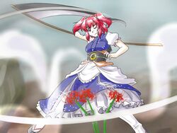  breasts commentary_request female flower hair_bobbles hair_ornament japanese_clothes medium_breasts one_eye_closed onozuka_komachi pink_hair red_eyes red_flower scythe short_hair solo spider_lily supon touhou two_side_up weapon 